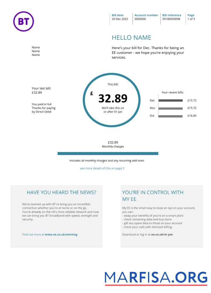 Printable United Kingdom BT utility bill version 1 (2) download for verification